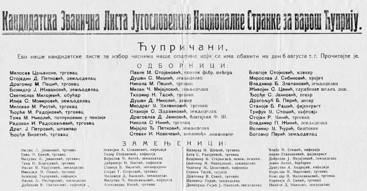 Cuprija 1933 godina stranacka kandidatska lista